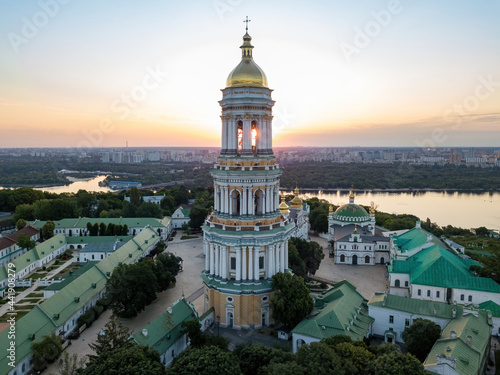 Kiev Pechersk Lavra at dawn. Clear morning. Aerial drone view. photo