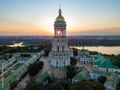 Kiev Pechersk Lavra at dawn. Clear morning. Aerial drone view.