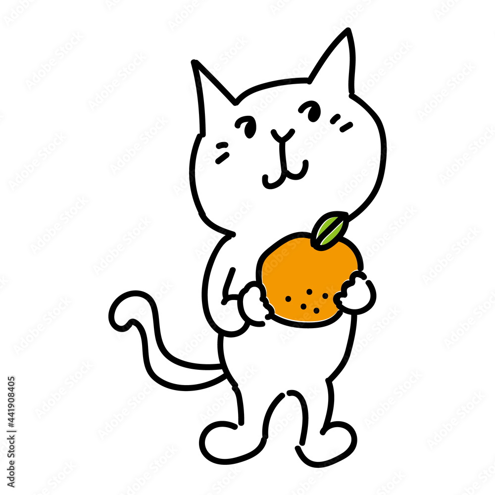 オレンジを持っている可愛い白猫のドローイング
