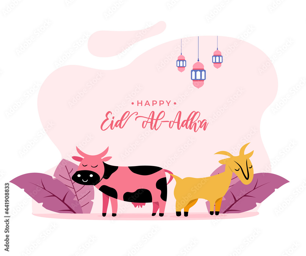 Flat style illustration of goat and cow for eid al adha greeting concept islamic holiday