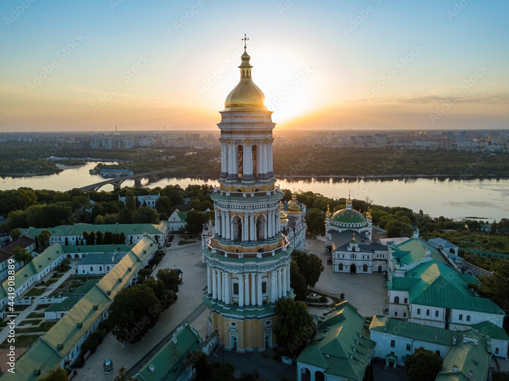 Kiev Pechersk Lavra at dawn. Clear morning. Aerial drone view.