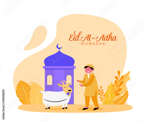 Flat style eid al-adha mubarak illustration with muslim boy and sheep