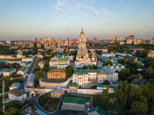 Kiev Pechersk Lavra at dawn. Clear morning. Aerial drone view.