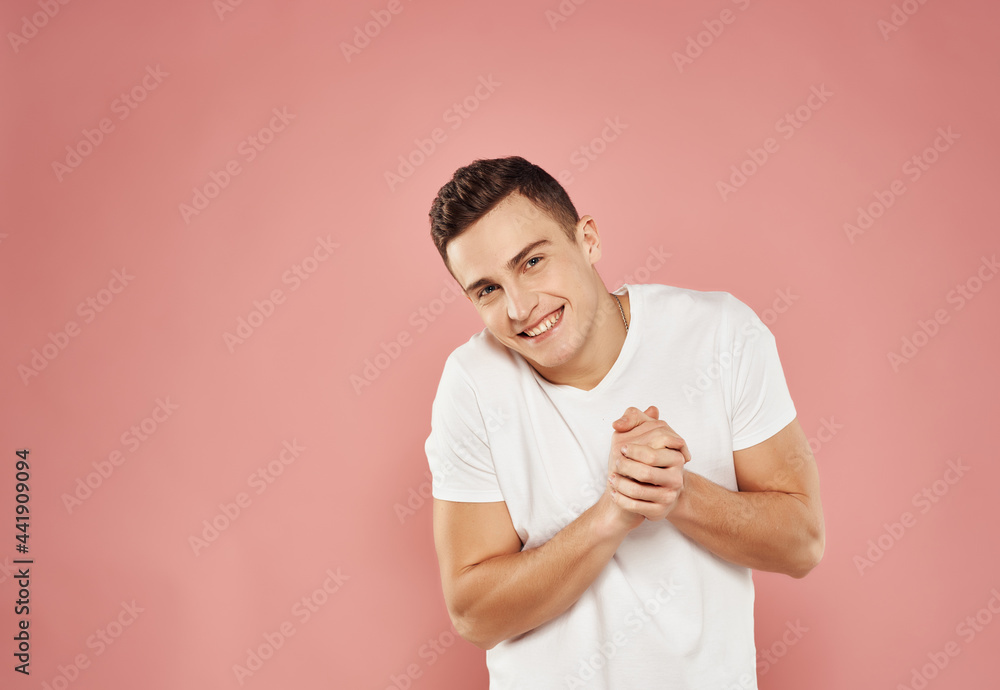handsome man fun gesture with hands pink background emotions handsome man fun gesture with hands pink background emotions