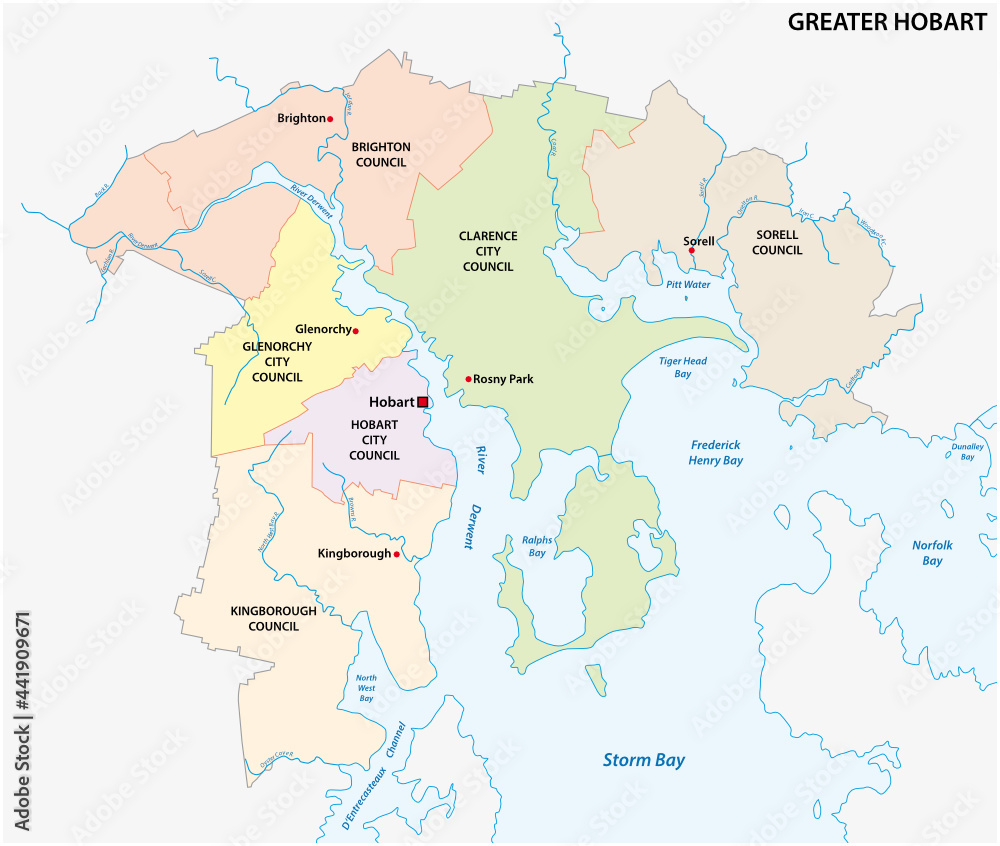 administrative vector map of the Tasmanian capital Hobart, Australia