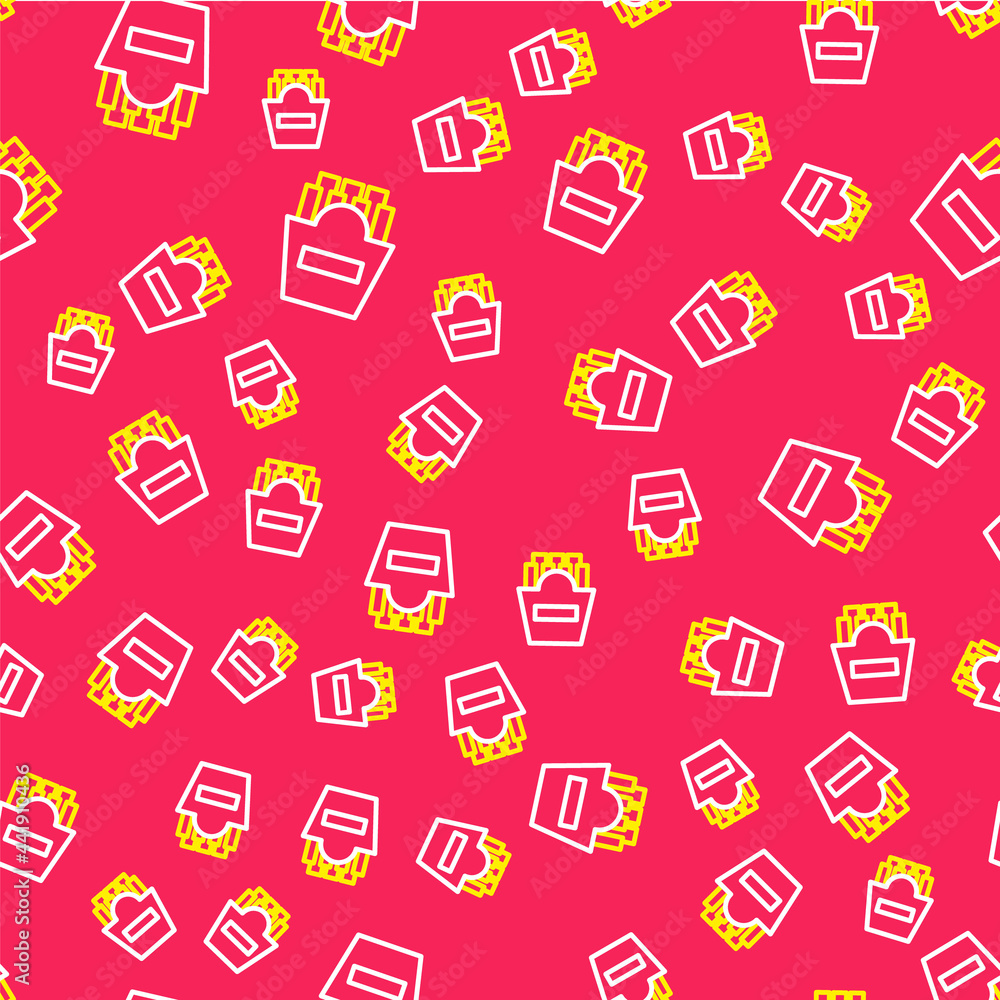 Line Potatoes french fries in carton package box icon isolated seamless pattern on red background. Fast food menu. Vector Line Potatoes french fries in carton package box icon isolated seamless pattern on red background. Fast food menu. Vector