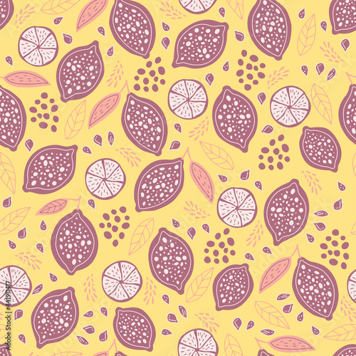 Cute abstract texture with lemons and leaves. Endless texture can be used for web design, printing onto fabric, covers and paper or scrapbooking