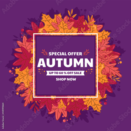 Autumn Sale poster with Colorful Leaves.Fall sale discount poster template, vector file included.