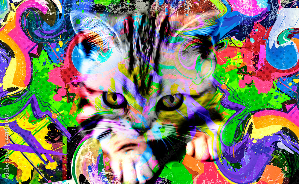 colorful artistic cat muzzle with bright paint splatters on white background.