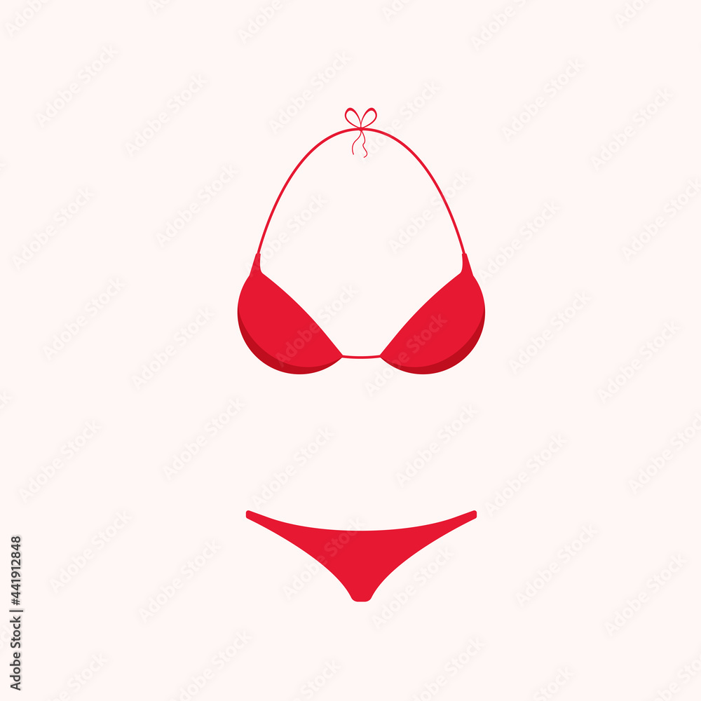 Summer red bikini beach swimsuit. Colorful swimsuit. On a white background. Women's beach swimsuit. Vector illustration in cartoon style Summer red bikini beach swimsuit. Colorful swimsuit. On a white background. Women's beach swimsuit. Vector illustration in cartoon style
