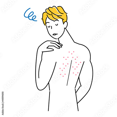 スキンケア 背中にポツポツ（吹き出物・ニキビ）が出来て悲しんでいる可愛い男性 イラスト シンプル ベクター