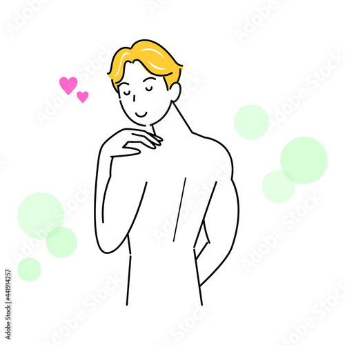 スキンケア 背中のポツポツ（吹き出物・ニキビ）が治り喜んでいる可愛い男性 イラスト シンプル ベクター