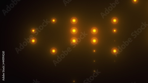 Rows of light bulbs spotlights with random switch on, computer generated night club background, 3d rendering