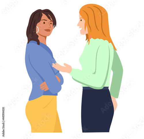Multi Ethnic girls talking. Two young women meeting. Dialogue between characters. Communication and friendship between women or girls of diverse cultures. Flat vector illustration isolated on white