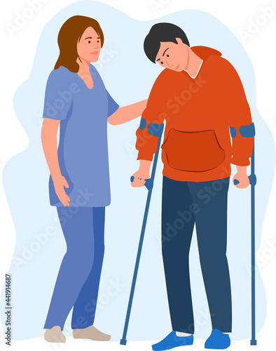 Female doctor physical therapist helping male patient on crutches. A nurse helps a man with crutches to walk. Healthcare medicine concept. vector illustration
