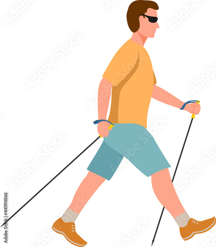 Man doing nordic walking vector. The flat illustration of sport hiking man. Exercising isolated vector illustration