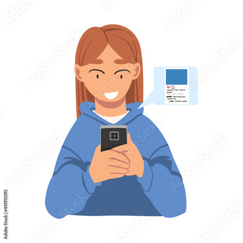 Girl Looking on Smartphones and Chatting, Smiling Teen Girl Cartoon Vector Illustration