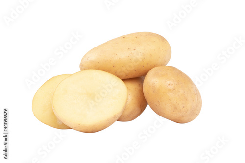 Isolated potato. Group whole raw potato isolated on white background with clipping path. Fresh potato slice isolated on white