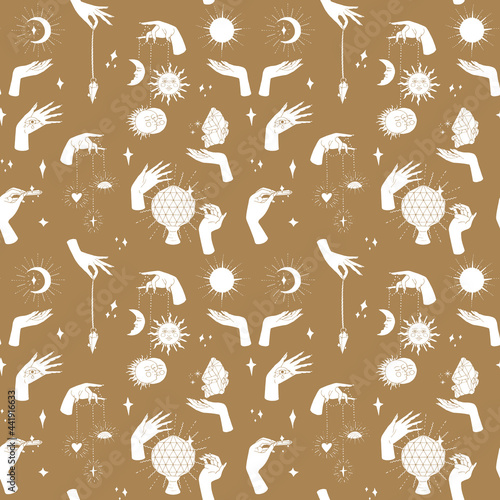 Seamless pattern with hand drawn doodle line art female witch hands holding sun and moon. Spiritual mystic repeat texture. On golden background.