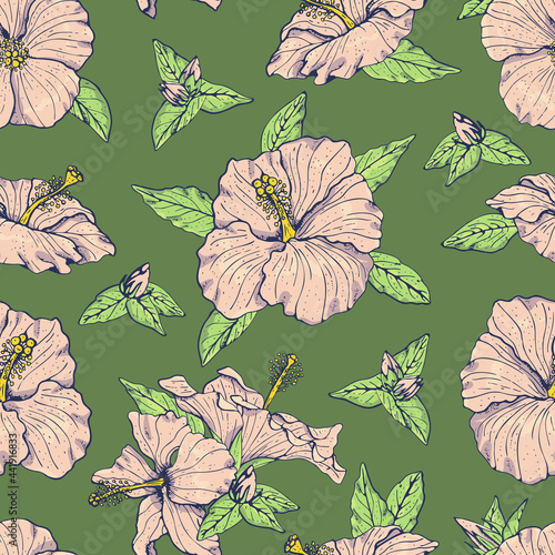 Vintage seamless pattern with line art pink hibiscus flowers, buds and leaves, with dark outline. On green background. Stock vector illustration.