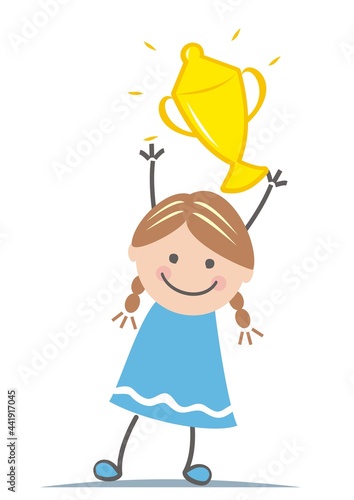 winning ,girl with winner cup, conceptual vector illustration