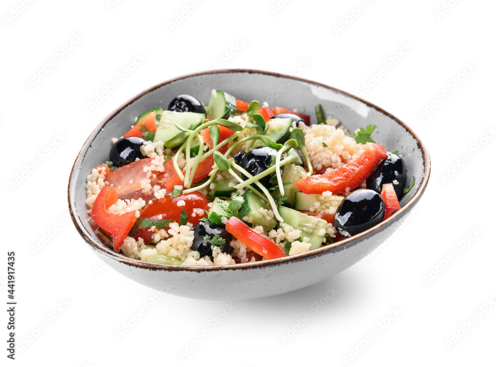 Bowl with couscous and vegetables on white background Bowl with couscous and vegetables on white background
