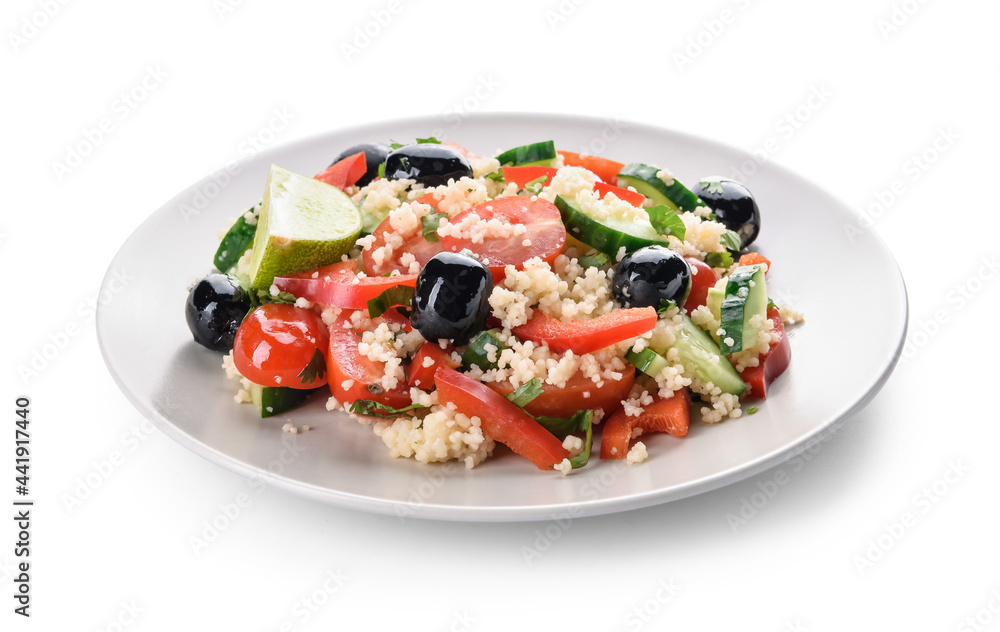 Plate with couscous and vegetables on white background Plate with couscous and vegetables on white background