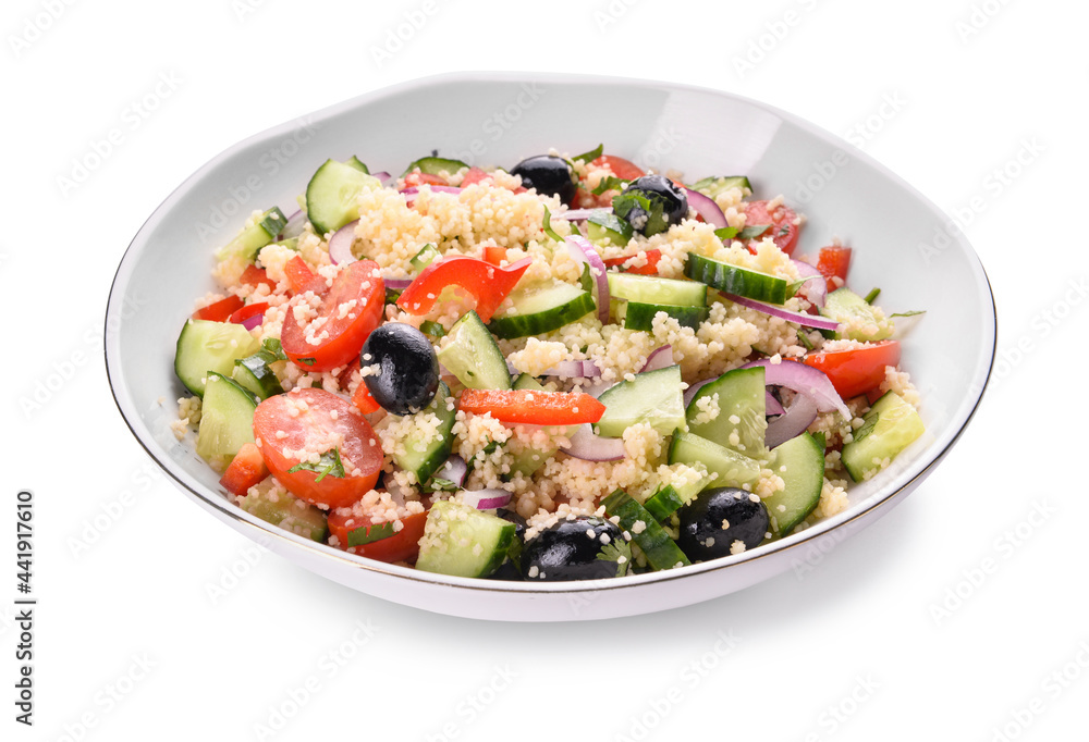 Plate with couscous and vegetables on white background Plate with couscous and vegetables on white background