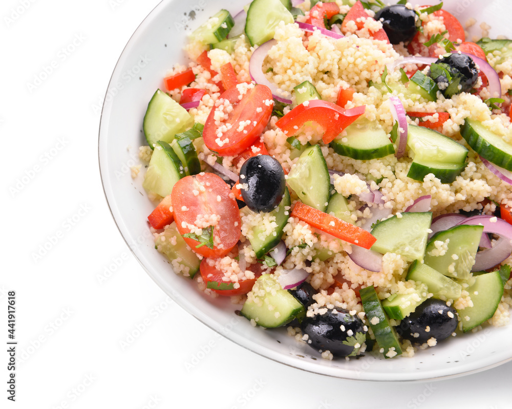 Plate with couscous and vegetables on white background