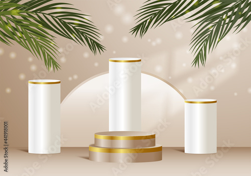 Abstract minimal scene with geometric forms. cylinder podium in gold background. product presentation, mock up, show cosmetic product, Podium, stage pedestal or platform. 3d vector Free Vector