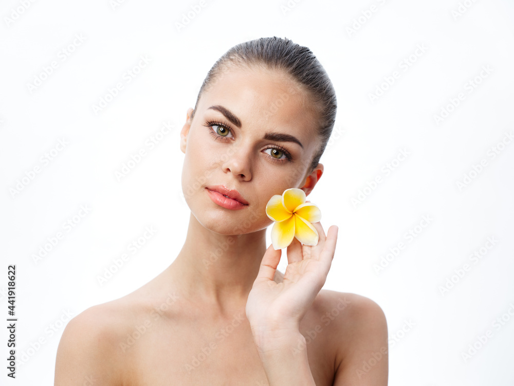 romantic woman with aloe flower for face and makeup model clean skin cosmetology romantic woman with aloe flower for face and makeup model clean skin cosmetology