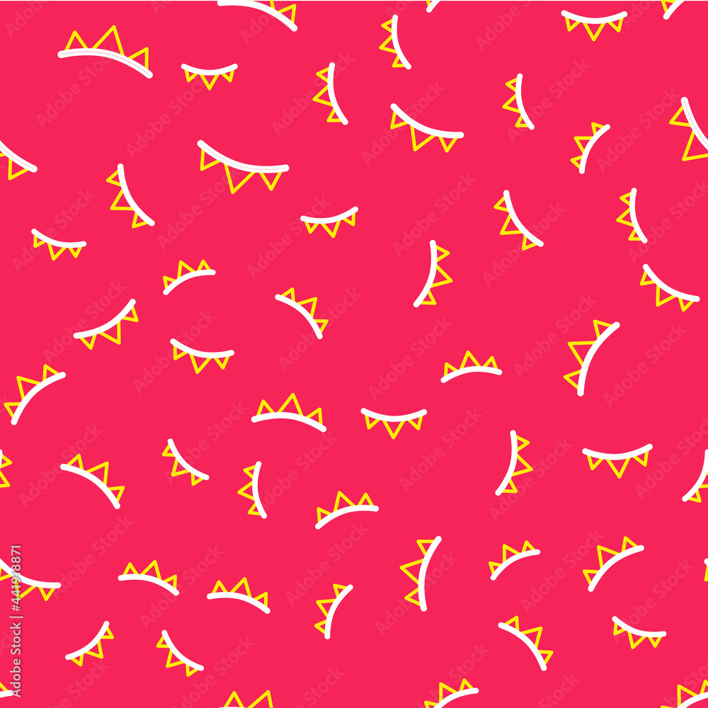 Line Carnival garland with flags icon isolated seamless pattern on red background. Party pennants for birthday celebration, festival decoration. Vector Line Carnival garland with flags icon isolated seamless pattern on red background. Party pennants for birthday celebration, festival decoration. Vector