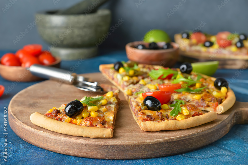 Board with slices of tasty pizza on color background Board with slices of tasty pizza on color background