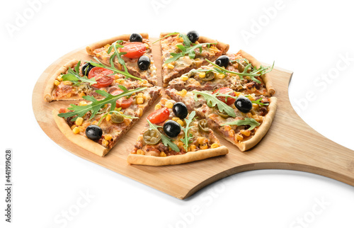 Board with slices of tasty pizza on white background