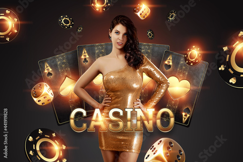 Canvas Print Beautiful girl on the background of the golden casino atrebutics