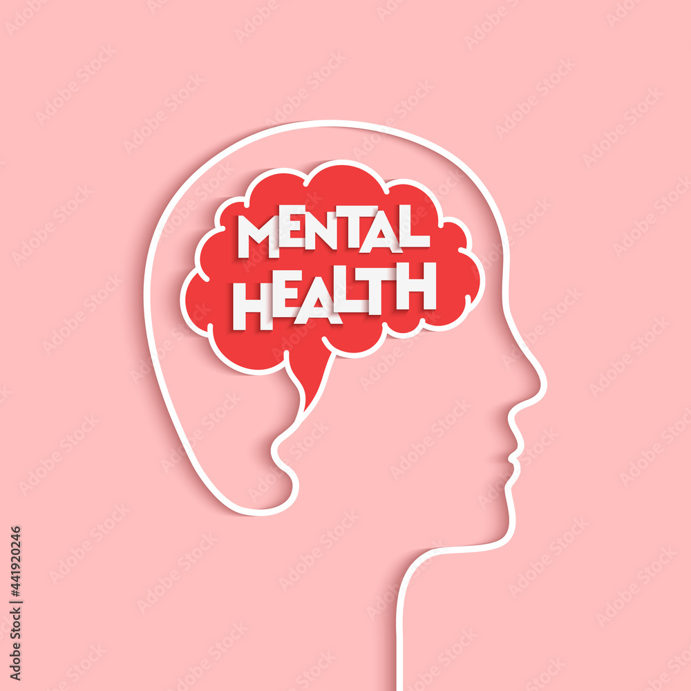 Mental health concept. Human head and brain silhouette as healthy mind, good mental hygiene and wellbeing symbol. Person and profile face outline in papercut art. Word lettering typography.