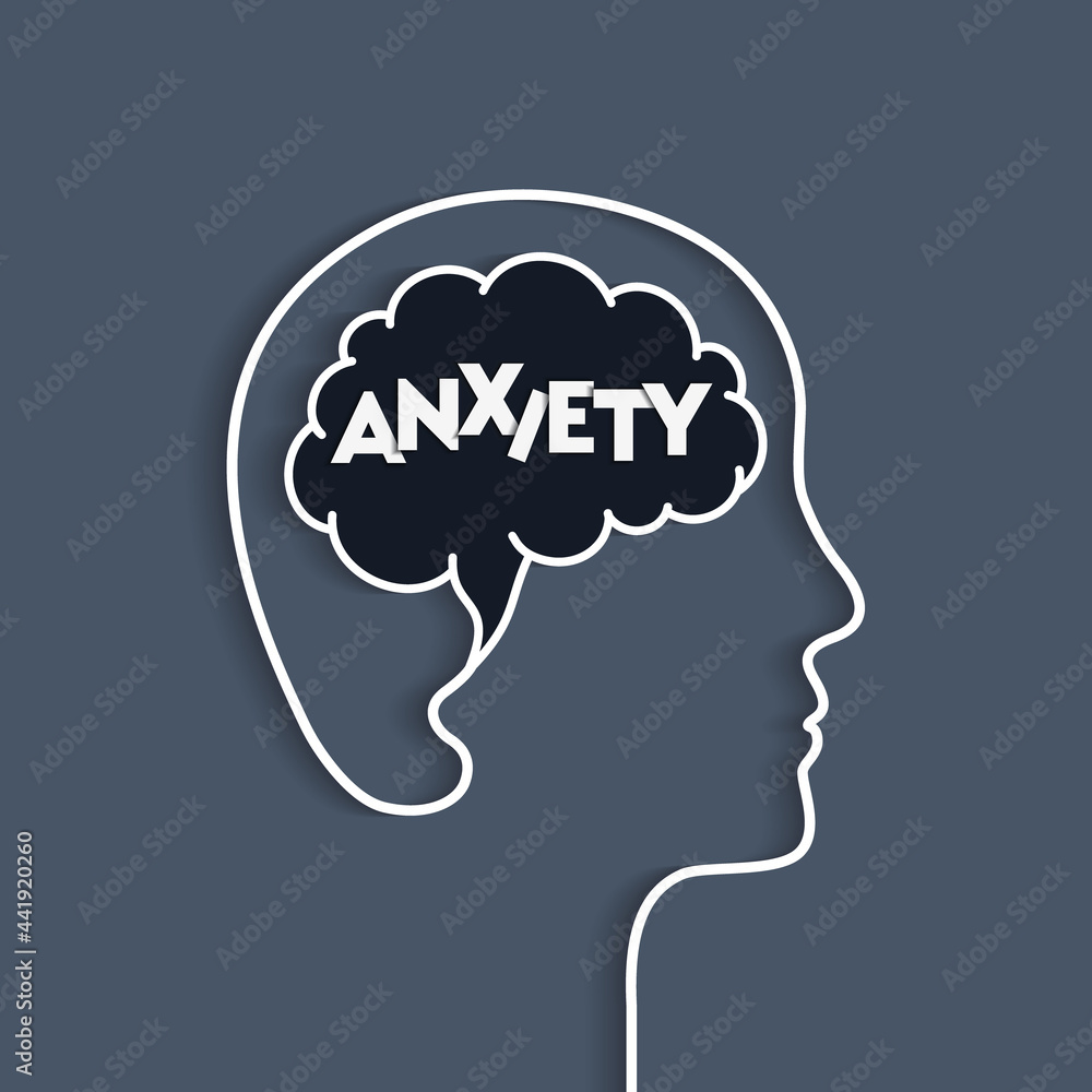 Anxiety concept with human head and brain silhouette. Being anxious, having dark thoughts, mental problems Vector illustration in papercut art. Word lettering typography.