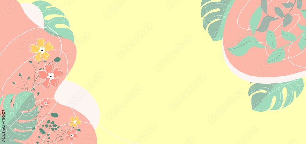 Modern background with fluid and leaves, flower shape pastel color and hand draw line on yellow background flat minimal design with copy space for text.