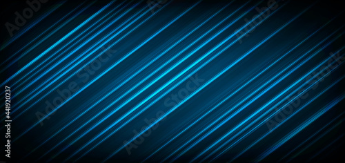Technology futuristic background light blue glowing striped lines on dark blue background.