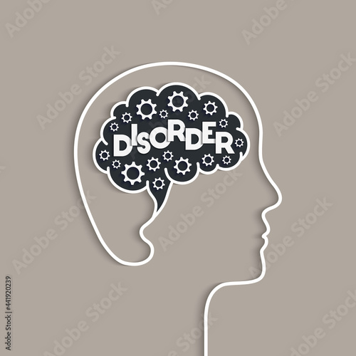 Mental disorder concept. Human head and brain silhouette as unhealthy mind, mental illness or problem symbol. Person and profile face outline with gears in papercut art. Word lettering typography.
