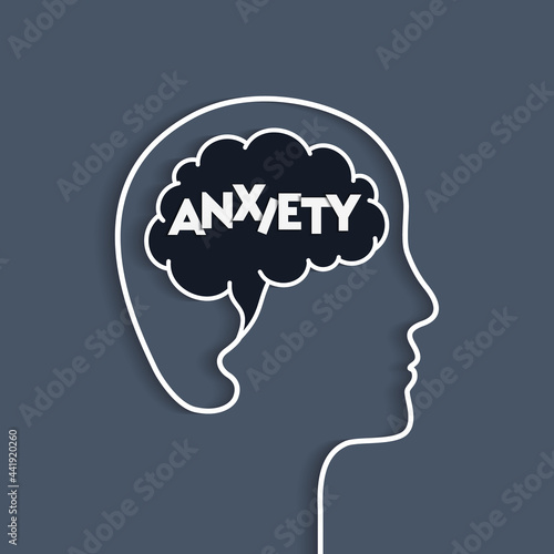 Anxiety concept with human head and brain silhouette. Being anxious, having dark thoughts, mental problems Vector illustration in papercut art. Word lettering typography.