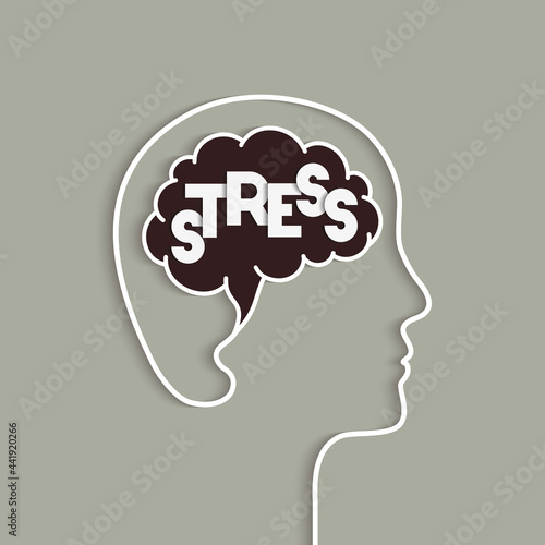 Stress concept with human head and brain silhouette. Mental stress, feeling stressed or stressing over something. Vector illustration in papercut art. Word lettering typography.