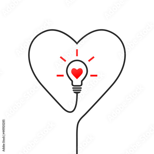 Light bulb with heart concept. Lamp with red heart inside and wire forming heart shape. Inspiration, idea, love, passion, imagination and innovation symbol.