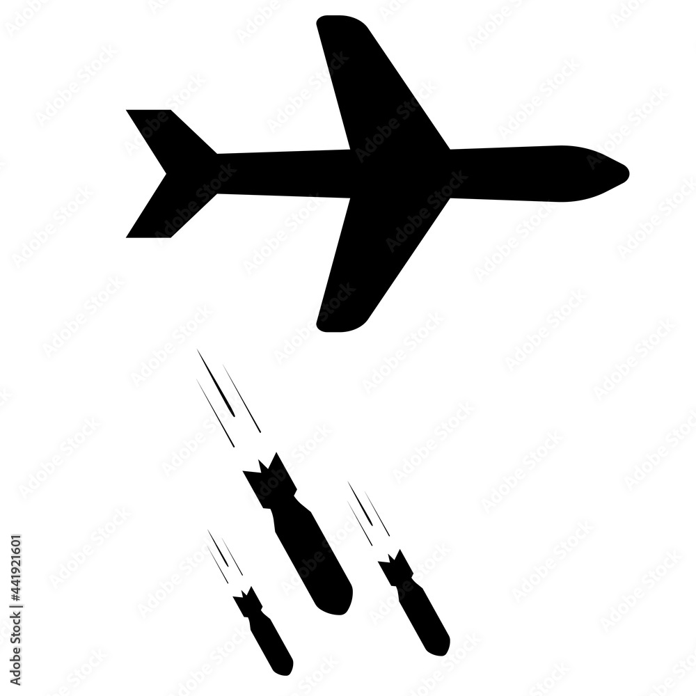 Air bomb icon. Vector bombing clipart with a plane and bombs. War bombardment icon. Air bomb icon. Vector bombing clipart with a plane and bombs. War bombardment icon.