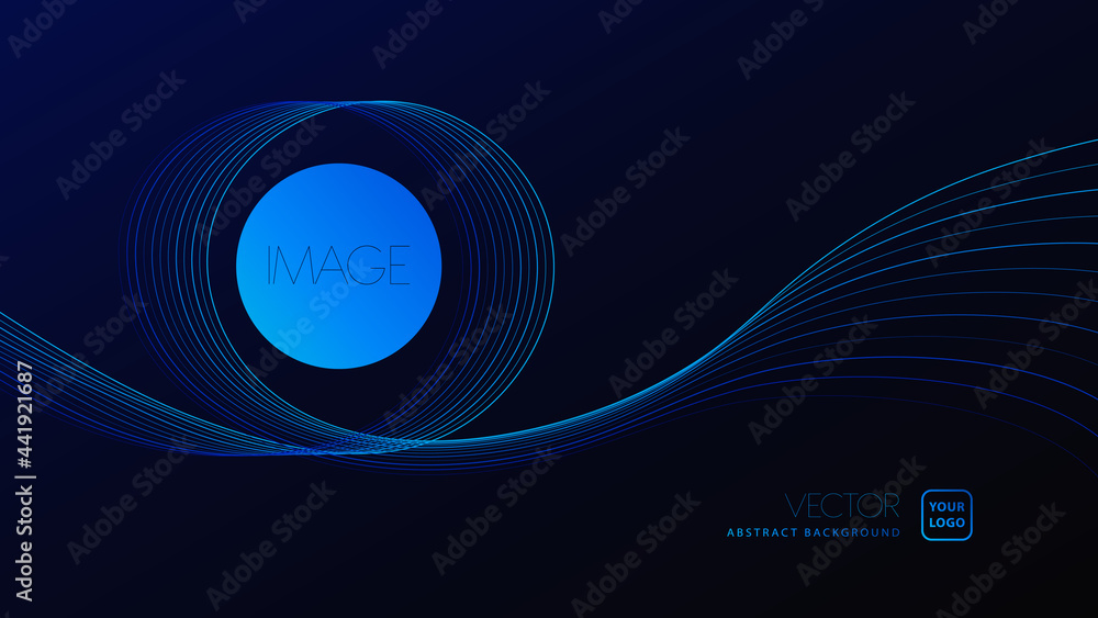 Shiny dynamic twisted light waves illustration vector. Futuristic blue color abstract lines design in dark blue black gradient background Shiny dynamic twisted light waves illustration vector. Futuristic blue color abstract lines design in dark blue black gradient background
