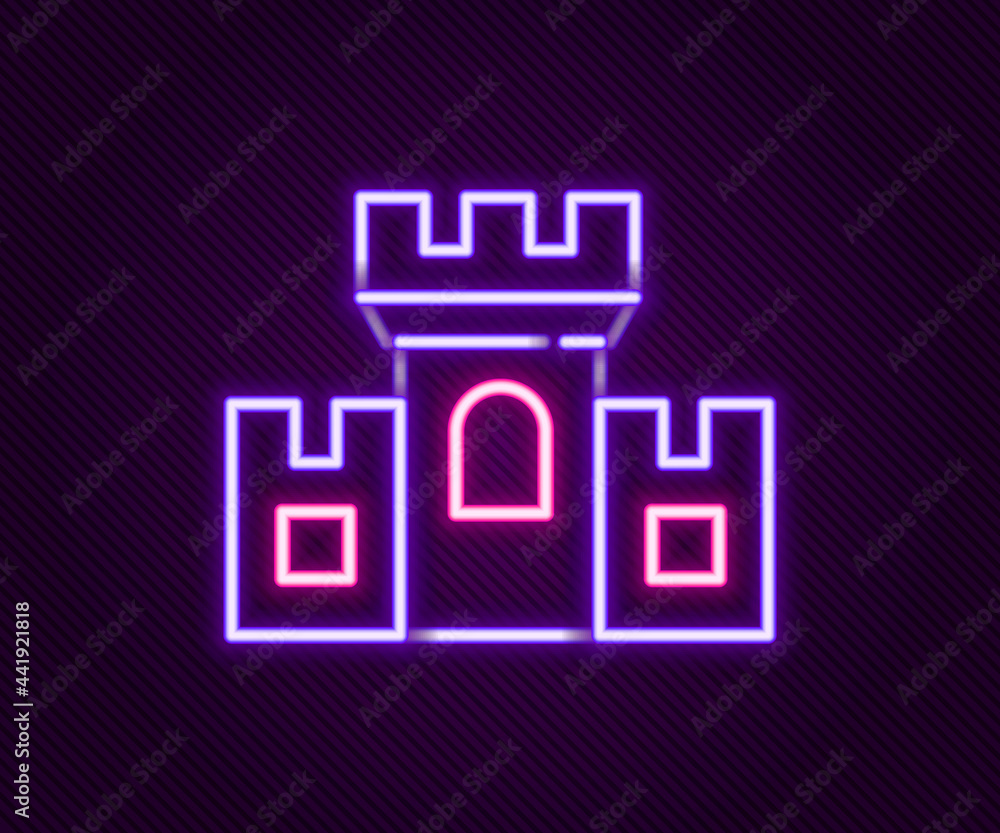 Glowing neon line Castle icon isolated on black background. Medieval fortress with a tower. Protection from enemies. Reliability and defense of the city. Colorful outline concept. Vector Glowing neon line Castle icon isolated on black background. Medieval fortress with a tower. Protection from enemies. Reliability and defense of the city. Colorful outline concept. Vector