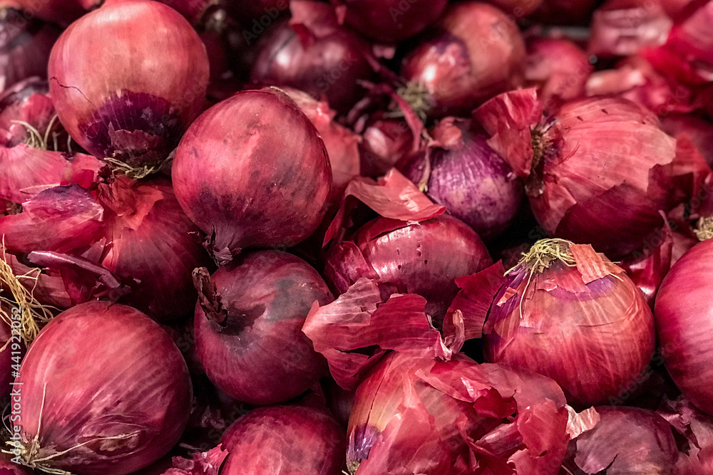 Fresh red onion piled on the market. Food backgroumd. Harvest Fresh red onion piled on the market. Food backgroumd. Harvest