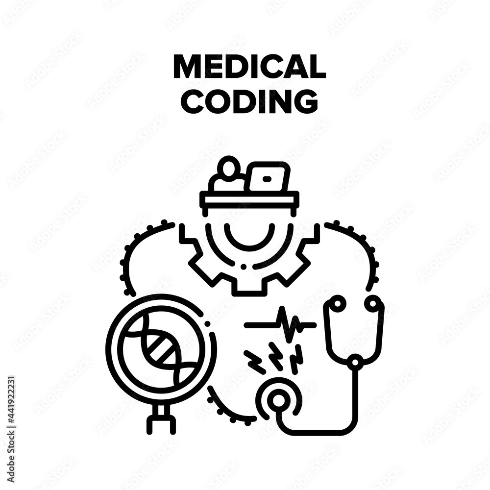 Medical Coding Vector Icon Concept. Developer Working At Workspace Table And Medical Coding On Computer, Lab Worker Researching Dna Code And Doctor Examining Patient Health Black Illustration