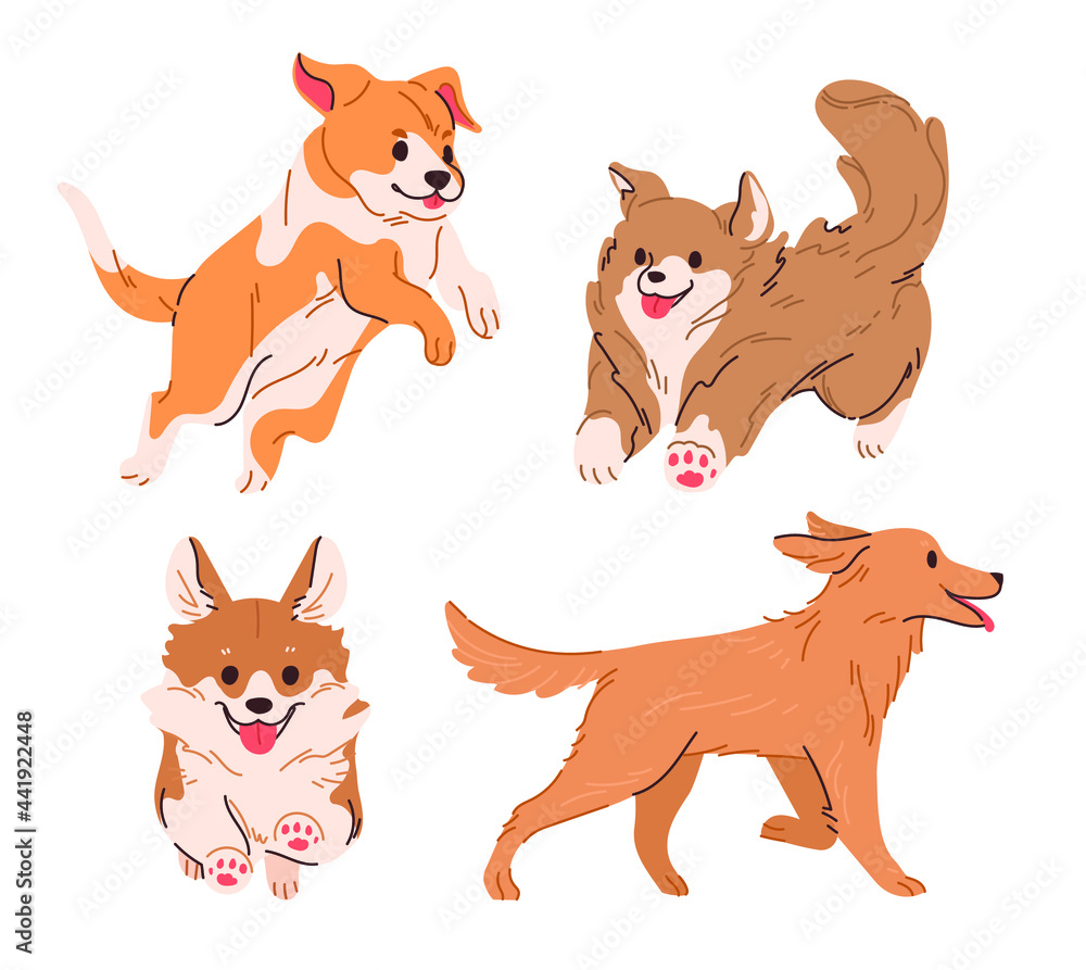 Cute puppies jumping and running. Dog in various poses concept vector illustration collection. Cute puppies jumping and running. Dog in various poses concept vector illustration collection.