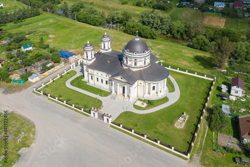 Aerial view of Holy Spirit church (Svyato-Dukhovskaya church, 1798) at sunny day. Shkin’, Moscow Oblast, Russian Federation.